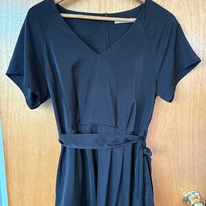 NA-KD Black Satin Midi Dress Belted V-Neck Short Sleeve Minimalist Chic